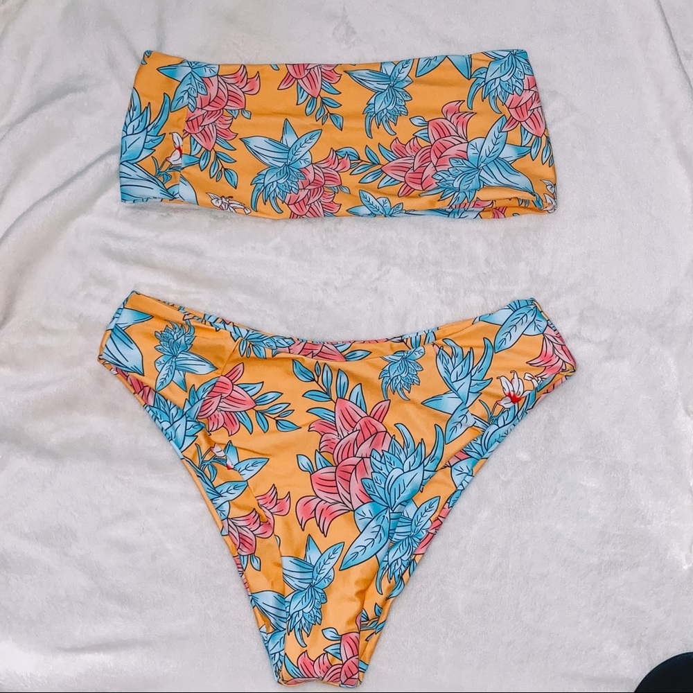 yellow floral 2 piece high waisted bikini